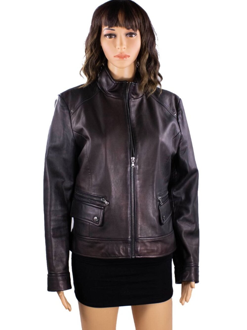 Kenneth Cole Reaction G-III Leather Moto Jacket Womens L Black Brown Vintage